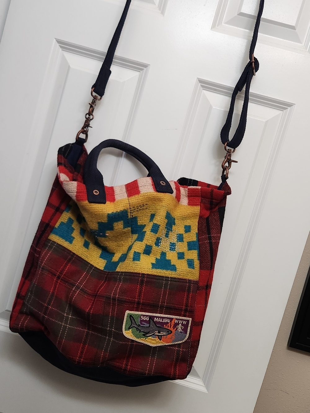 Plaid Multicolor Tote Bag with Yellow Geometric Panel
